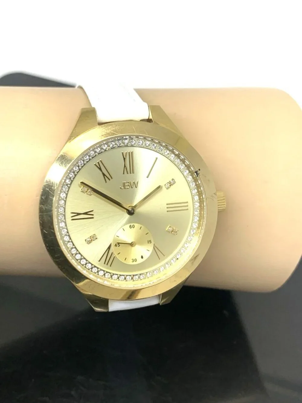 JBW Women's Watch J6309 Aria Quartz Gold Dial White Leather Strap 40mm